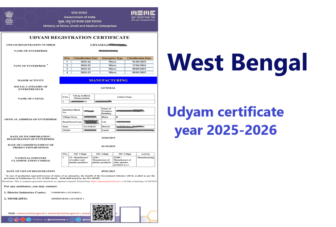West Bengal Udyam Certificate Year 2025-2026